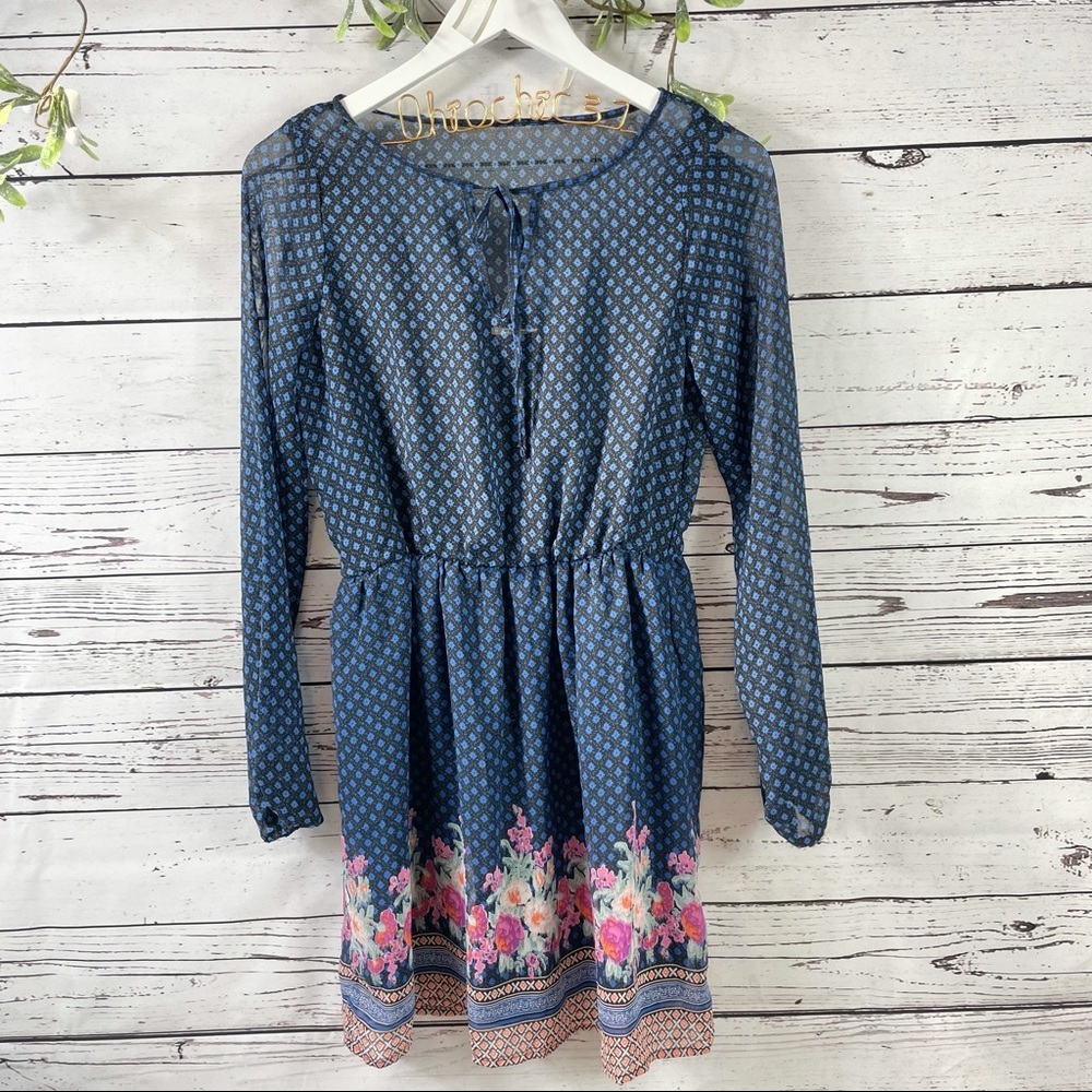 Mudd Long Sleeve Floral Blue and Black Dress. - Picture 1 of 12